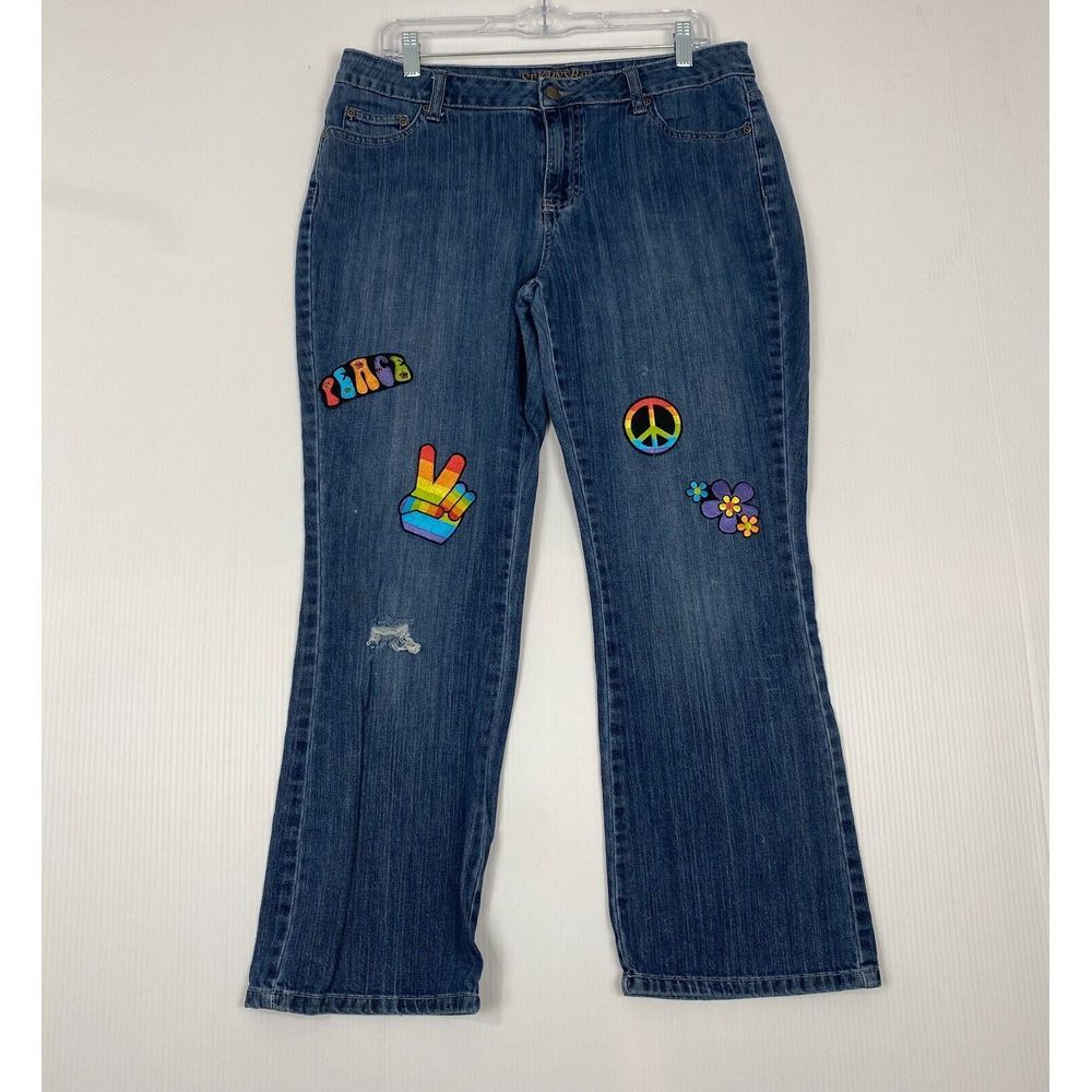 ST JOHNS BAY Jeans Blue Denim‎ Flare Bottom Womens  Size 16P Hip Hop patch Y2K